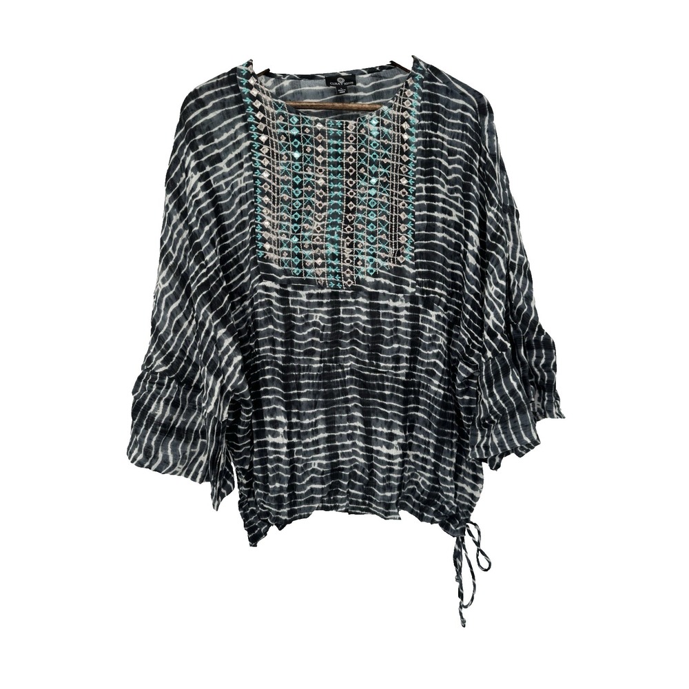 Curations Chiffon Top Tie Dye Bell Sleeve embroidered mirrored accents artsy L